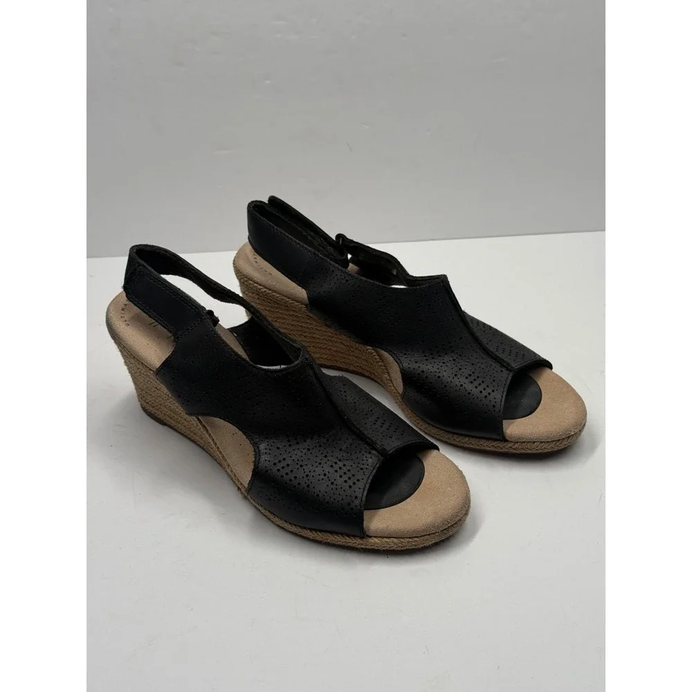 Clarks Lafely Rosen Wedge Sandals Black Leather Espadrille Slingback 7.5M
